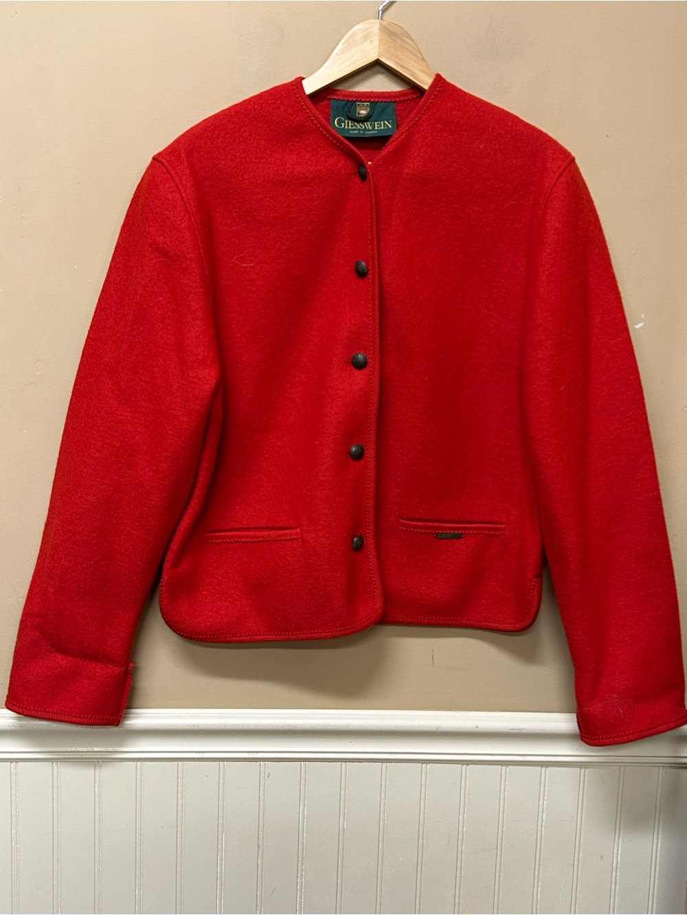 Vintage Giesswein Womens Sweater Jacket 14 Red Boiled Wool Button Down